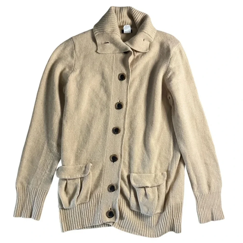 J Crew Beige Button Up Wool Blend Cardigan Women’s Size Large Bohemian Preppy